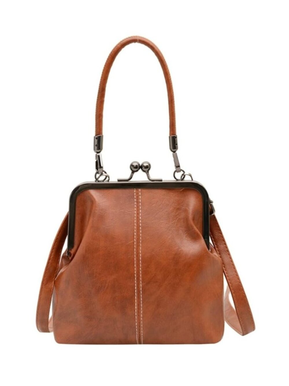 Women Kiss Lock Crossbody Bag Leather Kiss Clasp Top Handle Satchel Purse
